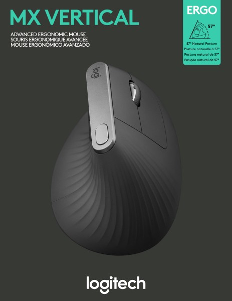 Logitech Mouse MX Vertical, sans fil, Unifying, Bluetooth, laser anthracite, 4000 dpi, 6 boutons, batterie rechargeable, vente au détail