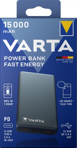 Batterie externe Varta, 5V/15 000mAh, Fast Energy, gris 2xUSB-A/Micro-B/-C, Quick Charge 3.0