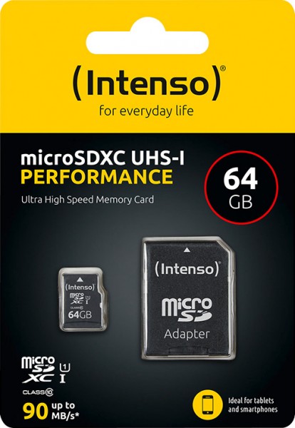 Carte microSDXC Intenso 64 Go, Performance, Classe 10, U1 (R) 90 Mo/s, (W) 10 Mo/s, adaptateur SD, blister de vente au détail