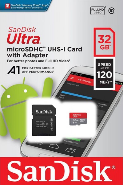 Carte microSDHC Sandisk 32 Go, Ultra, Classe 10, U1, A1 (R) 120 Mo/s, adaptateur SD, blister de vente au détail