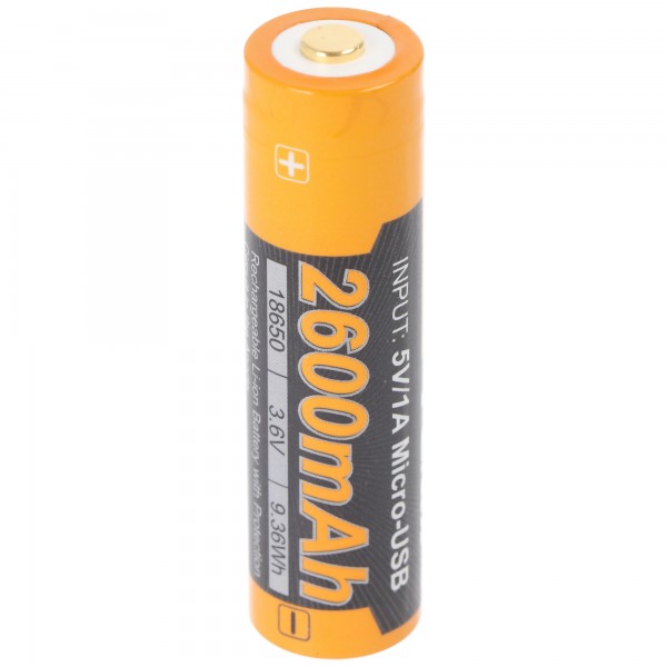 Batterie Li-ion 18650, protection multiple avec fonction de chargement USB, 70x18,6mm 1 pièce avec AccuCell AccuSafe