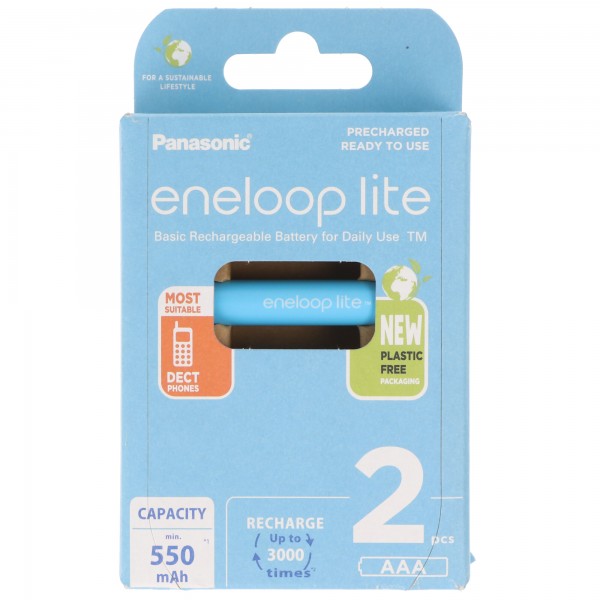 Panasonic eneloop lite, préchargé, blister de vente au détail (lot de 2) Batterie rechargeable BK-4LCCE/2BE NiMH, Micro, AAA, HR03, 1,2 V et 550 mAh 5410853064336