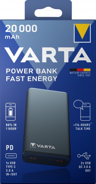 Batterie externe Varta, 5V/20 000mAh, Fast Energy, gris 2xUSB-A/Micro-B/-C, Quick Charge 3.0