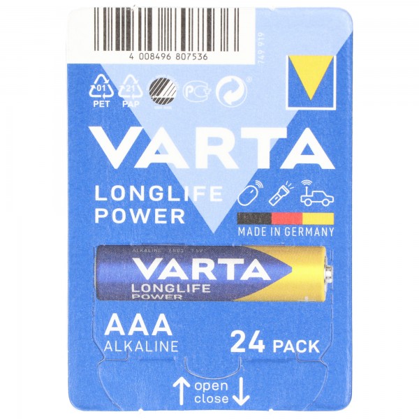 Piles alcalines Varta, micro, AAA, LR03, alimentation longue durée 1,5 V, boîte de vente au détail (paquet de 24)