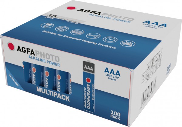 Agfaphoto Piles alcalines, micro, AAA, LR03, alimentation 1,5 V, boîte de vente au détail (paquet de 100)