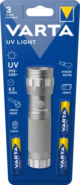 Lampe de poche LED Varta UV Light, 385-400nm avec 3 piles alcalines AAA, blister de vente au détail