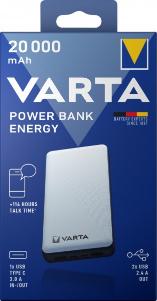 Batterie externe Varta, 5V/20 000mAh, Energy, blanc 2xUSB-A/Micro-B/-C