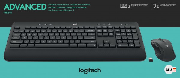 Ensemble clavier/souris Logitech MK545, Sans fil, Unifying, Black Advanced, DE, Laser, 1000 dpi, Vente au détail