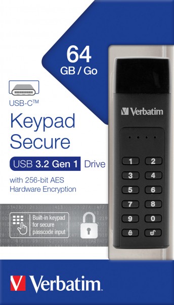 Clé USB 3.2 Verbatim 64 Go, sécurisée, clavier, AES-256 bits Type-C, (R) 160 Mo/s, (W) 140 Mo/s, vente au détail