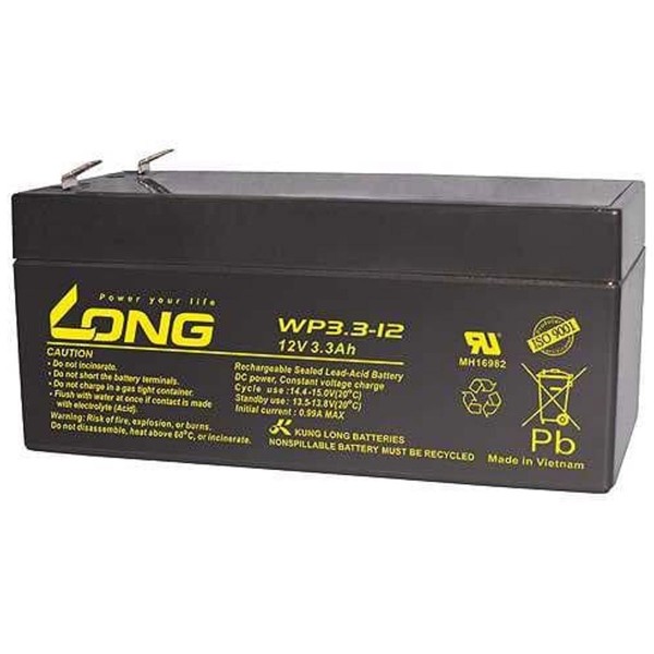 Batterie au plomb WP3.3-12 Kung Long avec 12 volts et capacité 3300mAh, contacts Faston 4,8 mm