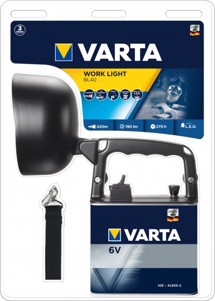 Torche LED Varta Work Line, BL40 190lm, avec 1x 4LR25, blister de vente au détail