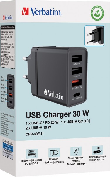 Adaptateur de charge Verbatim, CHR-30EU1, 30 W, GaN, noir 2x USB-A, 1x USB-A QC, 1x USB-C PD, vente au détail