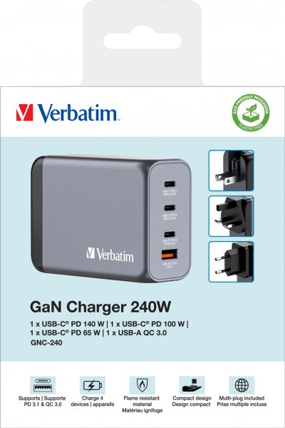 Adaptateur de charge Verbatim, universel, GNC-240, GaN, 240 W, gris 1x USB-A QC, 3x USB-C PD, vente au détail