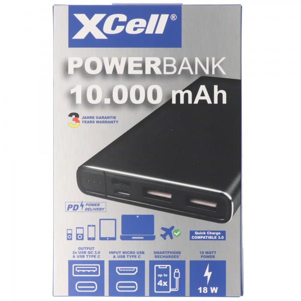Powerbank Li-Polymer 10000mAh USB Type C et 2x QC3.0 18 Watt, max 3A