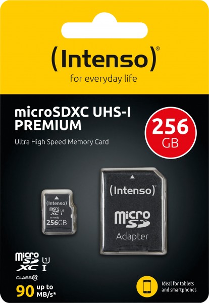 Carte microSDXC Intenso 256 Go, Premium, Classe 10, U1 (R) 90 Mo/s, (W) 10 Mo/s, adaptateur SD, blister de vente au détail