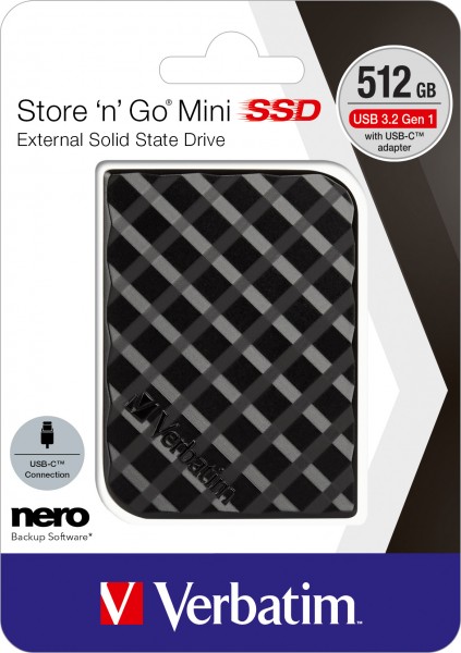 Verbatim SSD 512 Go, USB 3.2, Type AC, Mini Store'n'Go Mini, (R) 450 Mo/s, (W) 420 Mo/s, Vente au détail