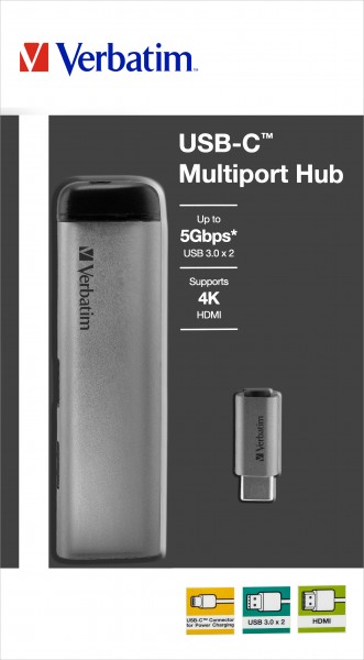 Hub Verbatim, USB 3.1-C, Multiport 2x USB 3.0, Charge d'alimentation HDMI 4K, Câble USB-C, 15 cm, Vente au détail