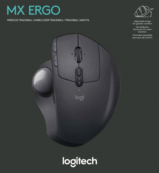 Logitech Mouse MX Ergo, sans fil, Unifying, optique noire, 440 dpi, 8 boutons, trackball, batterie rechargeable, vente au détail