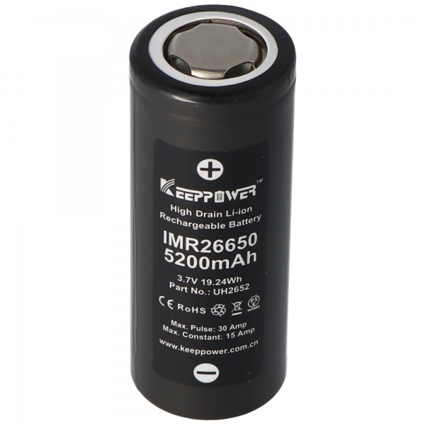 Keeppower IMR26650 - Batterie Li-Ion 5200mAh, 15A, 3.6V - 3.7V