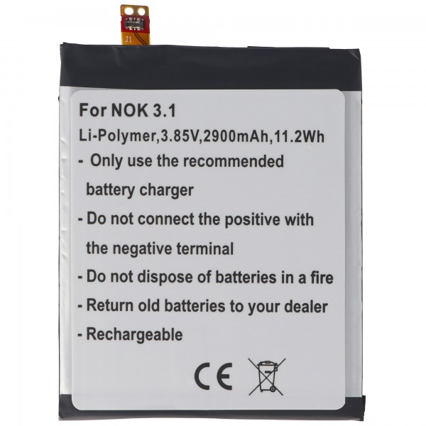 Batterie pour Nokia 3.1, Li-Polymer, 3.85V, 2900mAh, 11.2Wh, intégrée, sans outil