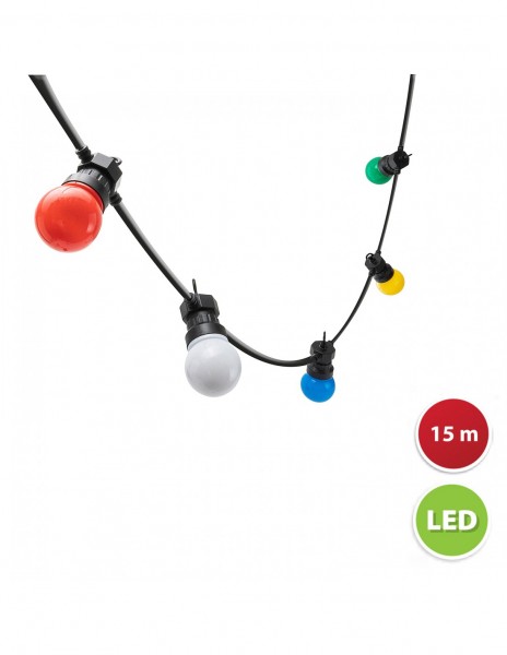 Velamp COLOR : Guirlande extensible IP44, 15 m, 20 ampoules G50 colorées, Ø 4,3 mm, câble noir