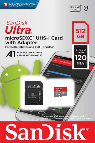 Carte microSDXC Sandisk 512 Go, Ultra, Classe 10, U1, A1 (R) 120 Mo/s, adaptateur SD, blister de vente au détail