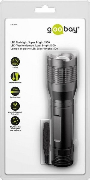 Goobay LED Flashlight Super Bright 1500 - idéal pour le travail, les loisirs, le sport, le camping, la pêche, la chasse et l'assistance au bord de la route