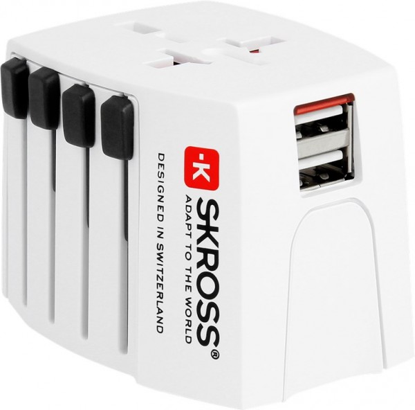 Skross World Adapter MUV USB - adapté à tous les appareils non mis à la terre (2 broches), avec double chargeur USB intégré