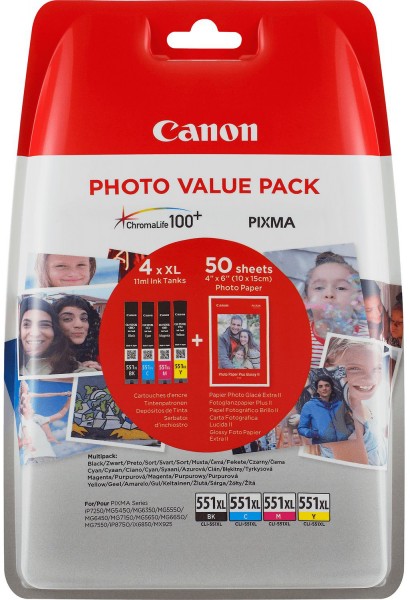 Pack économique de cartouches d'encre Canon CLI-551XL BK/C/M/Y avec 50 feuilles de papier photo 10x15 cm