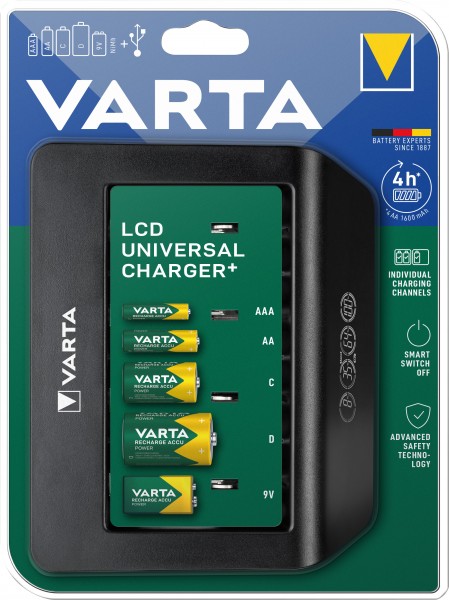 Le chargeur universel LCD Varta charge jusqu'à 4 piles AA, AAA, C, D ou 1x 9 V avec surveillance individuelle