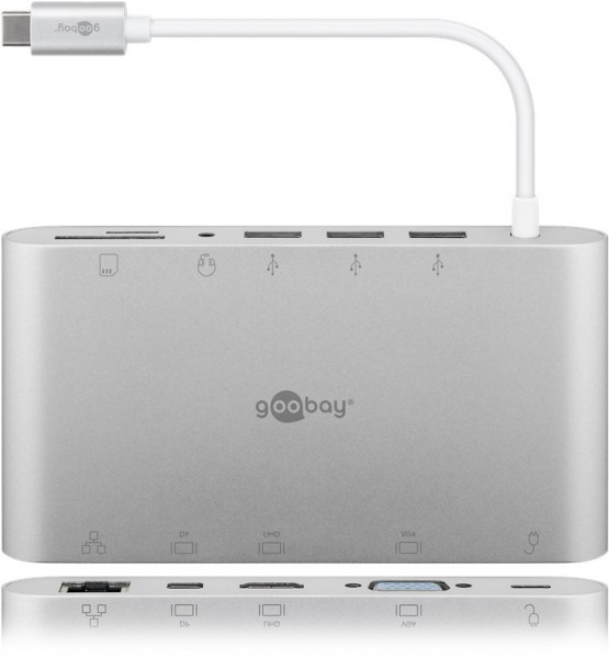 L'adaptateur multiport USB-C en aluminium étend un appareil USB-C avec un Ethernet, un HDMI, un VGA, un Mini DisplayPort, 3 connexions USB-A 3.0, une connexion jack 3,5 mm et une