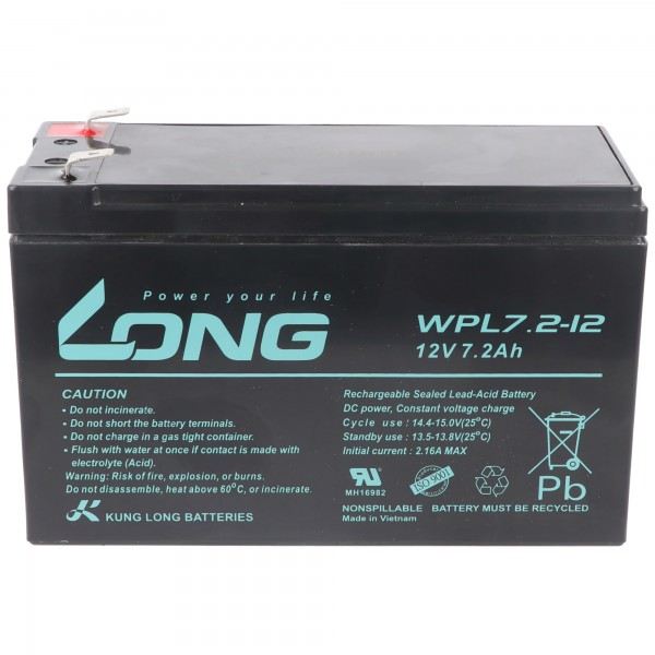Batterie plomb-polaire Kung Long WP7.2-12 F2 Longlife, 12V, 7.2Ah avec connexion Faston 6,3 mm