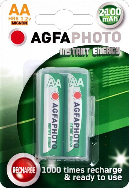 Agfaphoto Batterie rechargeable NiMH, Mignon, AA, HR06, 1,2 V/2100 mAh Instant Energy, préchargée, blister de vente au détail (paquet de 2)