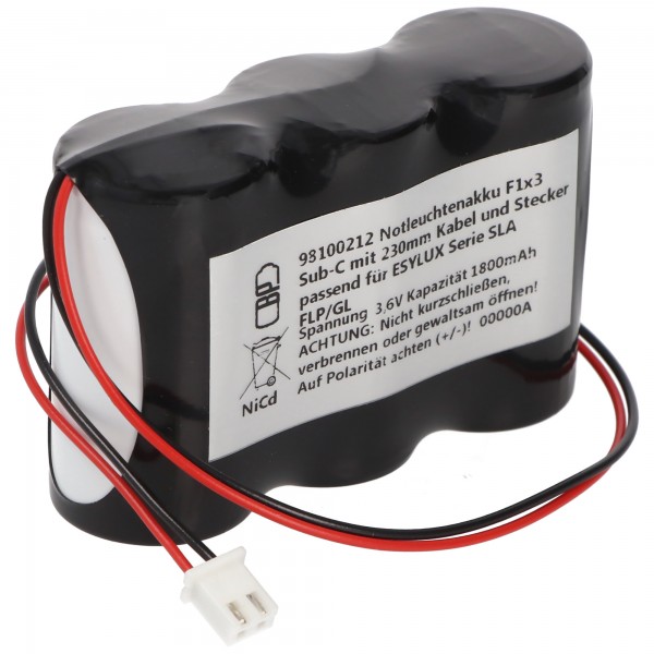 Batterie d'éclairage de secours NiCd 3.6V 1800mAh F1x3 Sub-C avec câble 230mm et prise adaptée à la série ESYLUX SLA FLP / GL