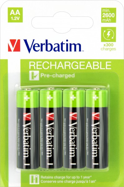 Batterie rechargeable Verbatim NiMH, Mignon, AA, HR06, 1,2 V/2 500 mAh préchargée, blister de vente au détail (paquet de 4)