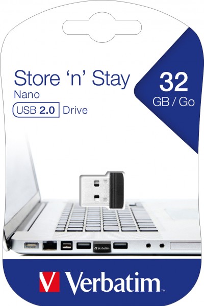 Clé USB 2.0 Verbatim 32 Go, Nano Store'n'Stay (R) 10 Mo/s, (W) 3 Mo/s, blister de vente au détail