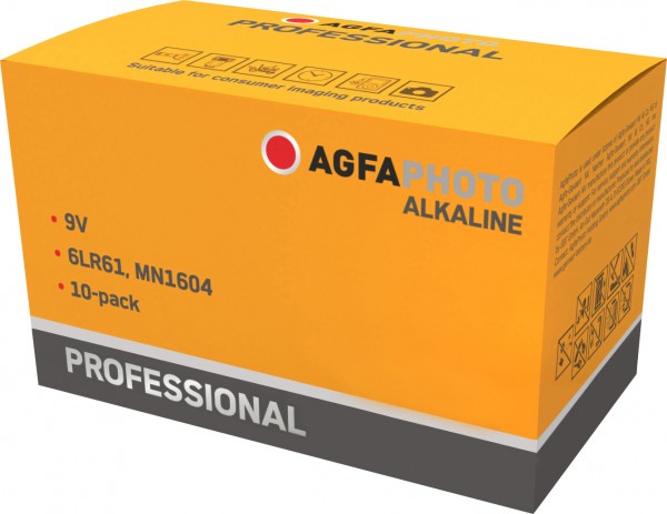 Agfaphoto pile alcaline, E-Block, 6LR61, 9 V professionnelle, boîte de vente au détail (paquet de 10)