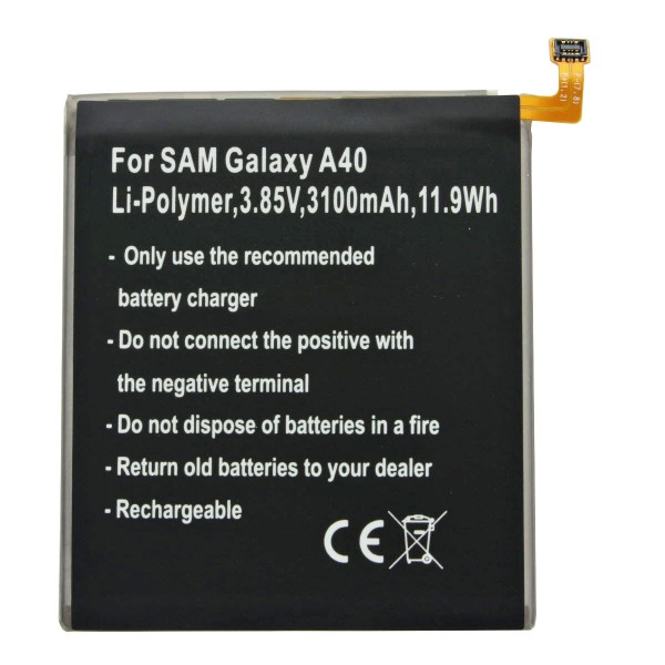 Batterie pour Samsung Galaxy A40, Li-Polymer, 3.85V, 3100mAh, 11.9Wh, intégrée, sans outil