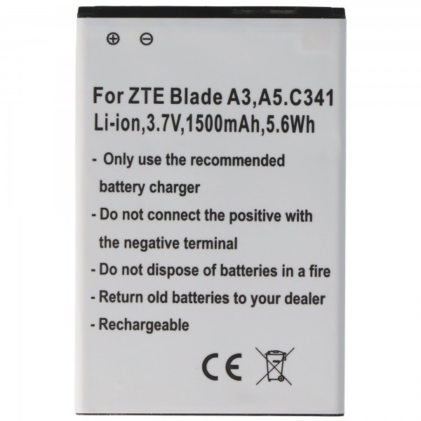 Batterie pour ZTE Blade A3, A5, C341, Li-ion, 3.7V, 1500mAh, 5.6Wh