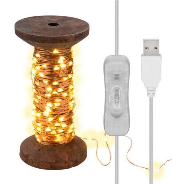 Guirlande lumineuse LED Goobay &quot;bobine&quot;, grande - avec câble USB 3 m, guirlande lumineuse 15 m avec 150 micro-LED en blanc chaud (2700 K) et interrupteur (on/off)