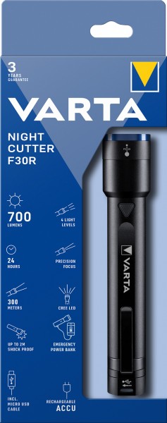 Torche LED Varta Night Cutter F30R 700lm, avec 1x câble micro USB, blister de vente au détail