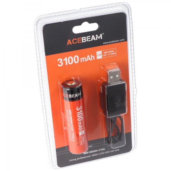 Batterie Li-Ion AceBeam 18650 avec port de charge USB-C, ARC18650H-310A, 3,7 V, 3100 mAh