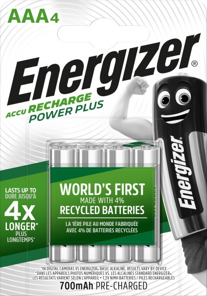 Batterie Energizer NiMH, Micro, AAA, HR03, 1,2 V/700 mAh Power Plus, préchargée, blister de vente au détail (paquet de 4)