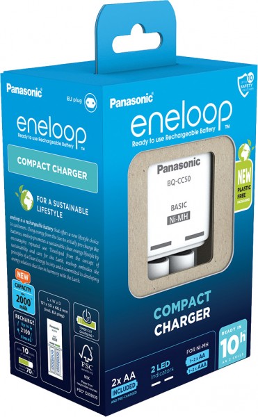 Batterie rechargeable Panasonic NiMH, chargeur universel BQ CC50, AA/AAA eneloop, batteries rechargeables incluses, 2x Mignon 2000mAh, vente au détail