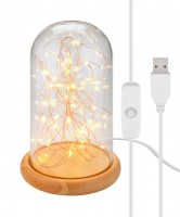 Cloche en verre Goobay avec micro guirlande lumineuse LED - avec socle en bois, câble USB 115 cm, guirlande lumineuse 5 m avec 50 micro LED en blanc chaud...