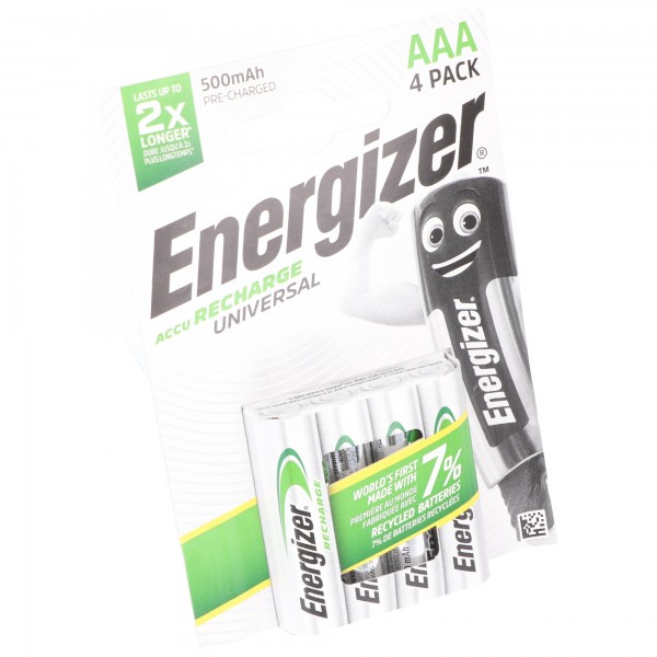 Batterie Energizer NiMH, Micro, AAA, HR03, 1,2 V/500 mAh, universelle, préchargée, blister de vente au détail (paquet de 4)
