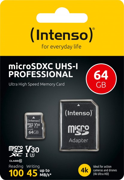 Carte microSDXC Intenso 64 Go, Professionnel, Classe 10, U1 (R) 100 Mo/s, (W) 45 Mo/s, adaptateur SD, blister de vente au détail