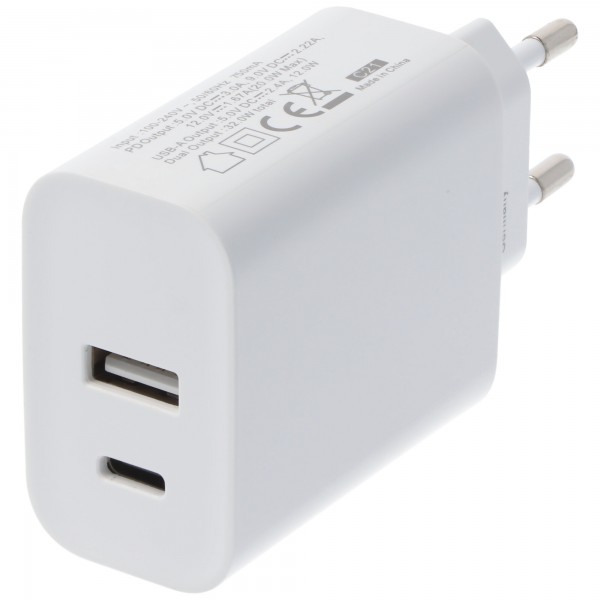 Chargeur rapide double USB USB QC3.0 28W blanc, charge jusqu'à 4x plus rapide que les chargeurs USB standard