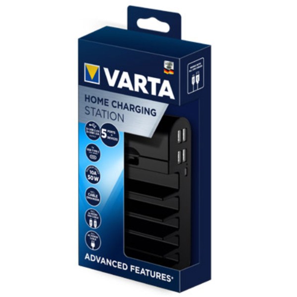 Station de recharge Varta Home avec 5 ports, 2 USB 2.4A, 2 USB 1.0A et une sortie USB-C, max. 10A 50W