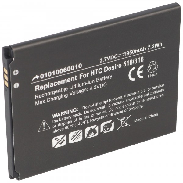 Batterie pour HTC Desire 516, 316, Li-ion, 3.7V, 1950mAh, 7.2Wh